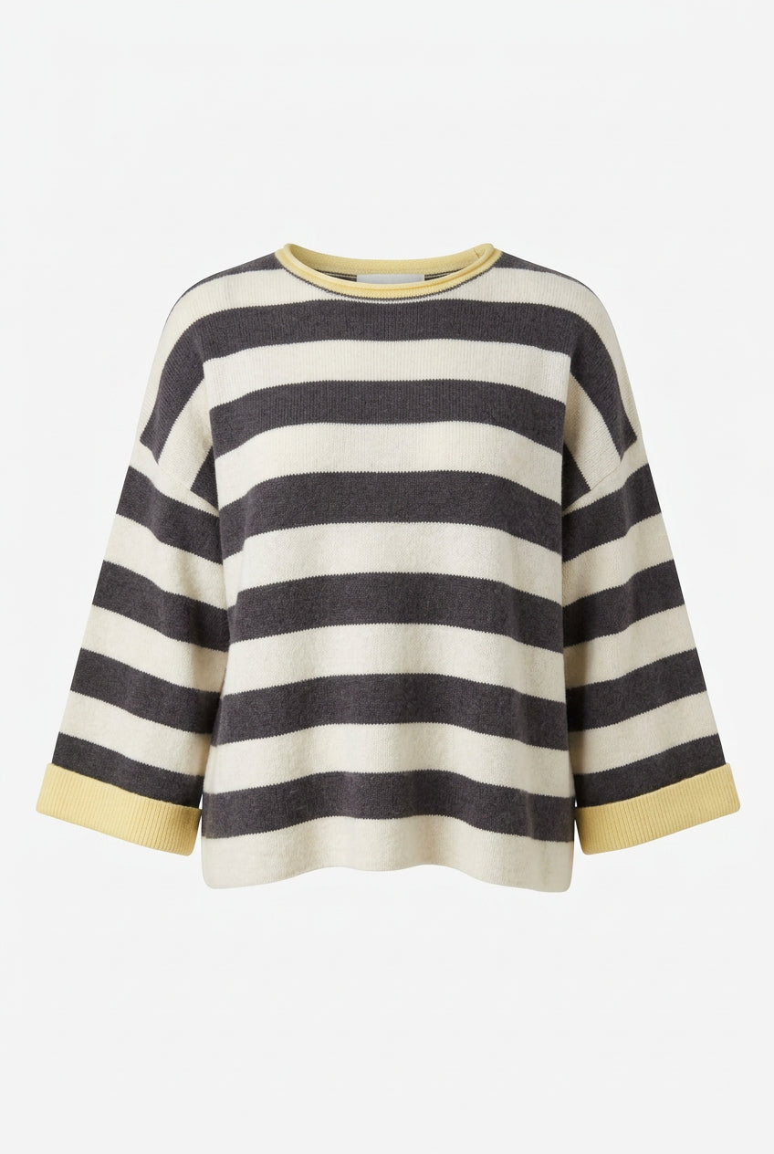 Trestles Clothing Company reversible stripe sweater in olive and cream with a relaxed fit and contrast yellow neckline.